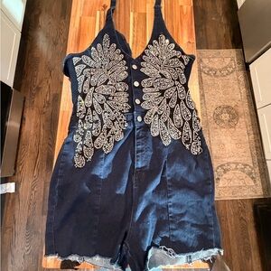 Shoe Dazzle Denim Overalls with Iridescent Crystal Embellishment